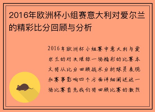 2016年欧洲杯小组赛意大利对爱尔兰的精彩比分回顾与分析